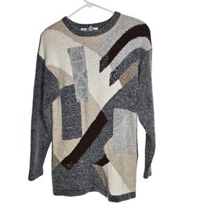 Segue Vintage 80s 90s Abstract Art Grey Sweater Silk Angora Rabbit Beaded Knit S